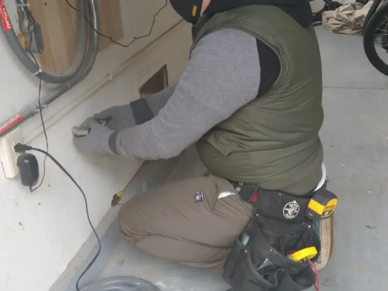 Electrician performing outlet wiring in a Bryans Road garage